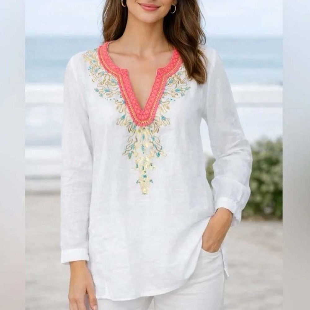 Lilly Pulitzer White Embroidered Beaded Linen Amelia Island Tunic Top Neon Pink